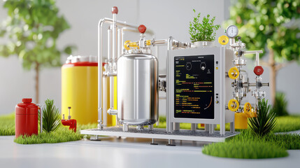 Leinwandbilder - digital representation of coffee factory with machinery, pipes, and control panel, showcasing modern industrial setup surrounded by greenery