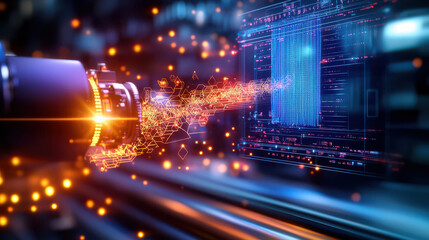 Fototapete - digital representation of garment factory showcasing advanced technology and data visualization. image highlights innovation in manufacturing processes and automation