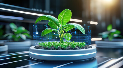 Poster - digital representation of nursery with real time data showcasing vibrant green plant growing in futuristic environment. scene highlights advanced technology in agriculture