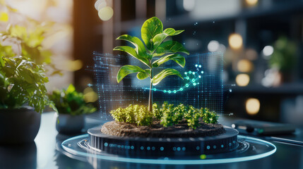 Poster - digital representation of renewable energy model featuring plant growing in soil, surrounded by data visualization elements. This symbolizes innovation and sustainability