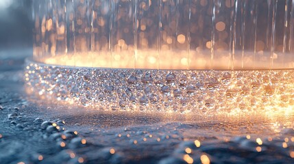 Fototapete - Close-up of water droplets cascading down, illuminated by warm light.