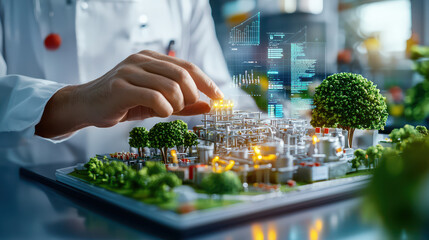 Aufkleber - food manufacturing model with digital tools, showcasing innovation and technology in production. scene highlights detailed miniature setup with vibrant greenery and data overlays