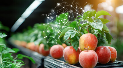 Leinwandbilder - Apples on tree with technology integration for smart farming, showcasing innovation in agriculture and sustainable practices. vibrant scene of growth and technology