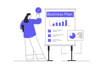 Poster - Business planning. Woman makes a business plan and creates goals. Project evaluation and analysis. Flat Cartoon Vector Illustration, icon. Stylish abstract 