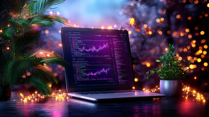 Poster - modern workspace featuring laptop displaying colorful data charts, surrounded by plants and fairy lights, creating vibrant and tech savvy atmosphere