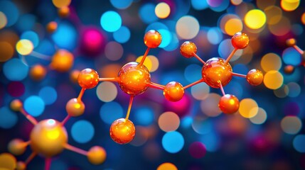 Poster - Colorful Molecule Model Illustration with Vibrant Background and Abstract Bokeh Effects