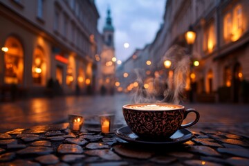 Poster - An ultra-detailed close-up of a coffee cup served at a Zagreb cafÃ©, with intricate latte art and steam rising, set against a backdrop of a cobblestone street