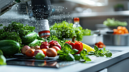 Aufkleber - Fresh produce being analyzed with technology in modern kitchen, showcasing vibrant vegetables and herbs. scene highlights innovation in food preparation and health