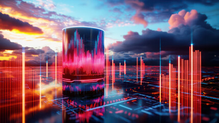 Poster - digital rendering of futuristic cityscape with glowing data tower, showcasing vibrant sound waves and graphs against dramatic sunset sky