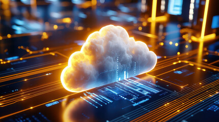 Poster - digital rendering of cloud surrounded by glowing circuits and data streams, symbolizing technology and connectivity. image evokes sense of innovation and modernity