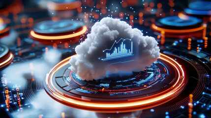 Poster - digital cloud with data visualization elements, surrounded by futuristic technology. image conveys innovation and data analysis in modern context