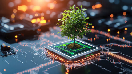 Aufkleber - small tree thriving on sleek tech infused platform, symbolizing harmony between nature and technology. vibrant green leaves contrast beautifully with circuit board background