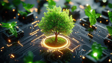 Aufkleber - small vibrant tree surrounded by technological elements, symbolizing harmony between nature and technology. glowing circuit board enhances futuristic feel
