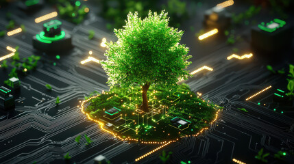 Aufkleber - small vibrant tree surrounded by technological elements, symbolizing fusion of nature and technology. scene evokes sense of harmony and innovation
