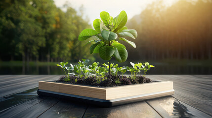 Poster - small scale model of tree farming with young plants and soil, showcasing innovative agricultural techniques in serene outdoor setting