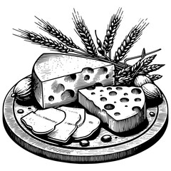 Wall Mural - cheese platter featuring sliced cheese, cheese blocks, wheat stalks, nuts, and a rustic wooden board