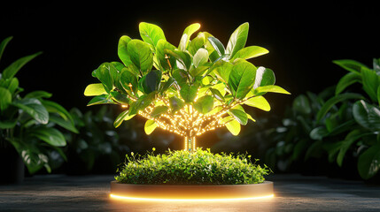 Aufkleber - tech infused botanical scene featuring mini tree with glowing leaves, surrounded by lush greenery, creating serene and modern atmosphere