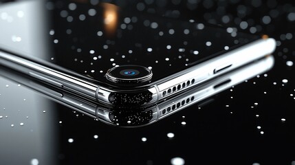 Poster - Sleek smartphone closeup, reflecting on dark surface.