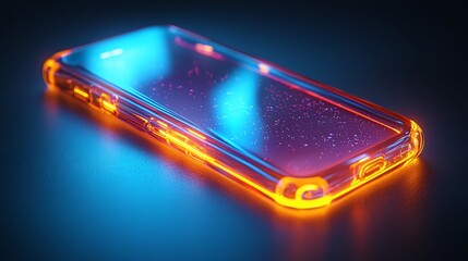 Poster - Glowing smartphone in protective case on dark background.