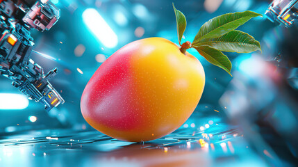 Aufkleber - vivid digital rendering of ripe mango with vibrant colors, surrounded by futuristic elements, creating striking visual contrast. mango texture and shine are highlighted beautifully