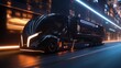 Futuristic black semi-truck driving on a neon-lit city street at night.