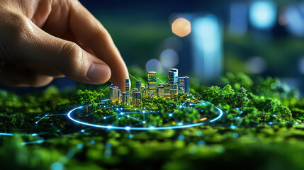 Fototapete - hand placing miniature city on green landscape, symbolizing technology and sustainability. scene highlights urban development and environmental harmony