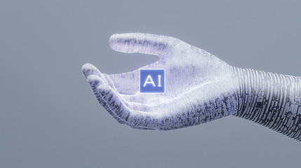 Poster - AI in the Palm of Your Hand: A futuristic, stylized image depicting a robotic hand gently cradling a glowing AI symbol, representing the potential and power of artificial intelligence.