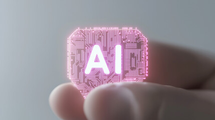 Poster - AI Chip: A glowing pink AI chip held in a hand, symbolizing the advancement of artificial intelligence and its role in shaping the future. The chip's circuitry is visible.