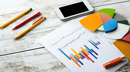 Aufkleber - Analyzing data with charts, smartphone, and colorful stationery
