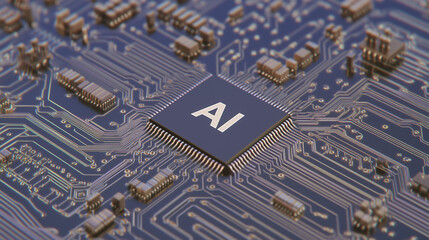 Poster - AI Chip: A close-up of a sleek, silver AI chip on a circuit board, illuminated by a warm glow, symbolizes the power and potential of artificial intelligence.  
