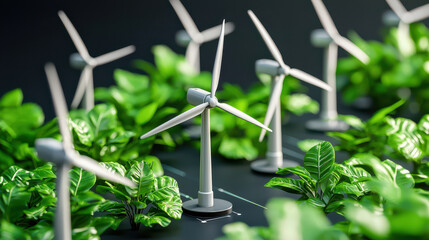 Aufkleber - Mini wind turbines surrounded by lush green plants in urban setting, showcasing renewable energy and sustainability. This highlights harmony between technology and nature