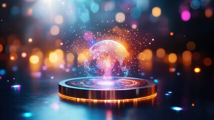 Aufkleber - artistic representation of glowing planet with holographic effects, surrounded by colorful bokeh lights, creating magical atmosphere