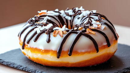 Poster - elegant gourmet donut topped with chocolate and coconut flakes, showcasing delightful contrast of flavors and textures. Perfect for dessert lovers