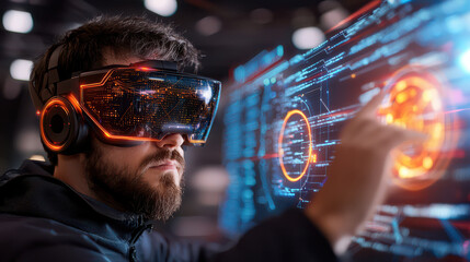 Fototapete - Immersive virtual reality experience with man using advanced technology. futuristic interface displays data and graphics, showcasing cognitive systems in action