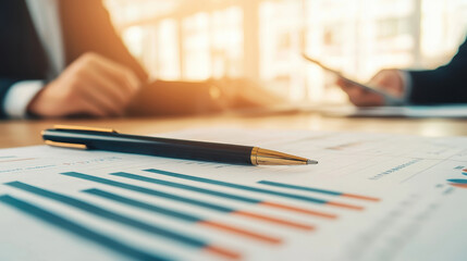 Poster - Business meeting with financial reports and pen on table, discussing strategies