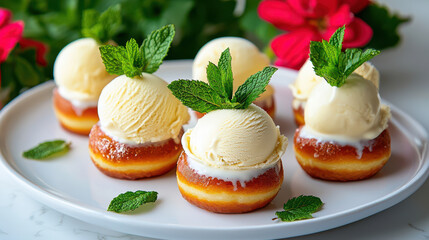 Aufkleber - Delightful gourmet donuts topped with creamy ice cream and fresh mint leaves, perfect for sweet treat. Ideal for dessert lovers and special occasions