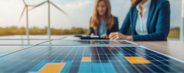 Poster - Business professionals discussing solar energy solutions with solar panels in focus