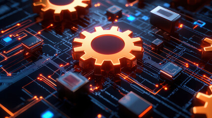 Leinwandbilder - Interconnected gears symbolize automation and technology on circuit board, showcasing innovation and efficiency in modern systems