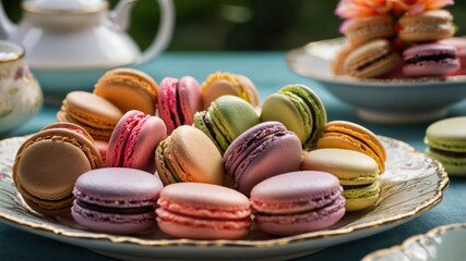 Wall Mural - A colorful assortment of macarons displayed elegantly on a plate for a tea gathering.