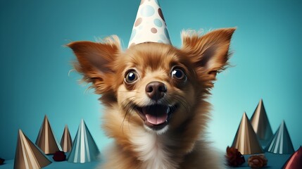 Cute dog wearing a red party hat and blow-out, celebrating against a blue background with empty copy space to the side.