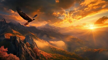 Wall Mural - Majestic Eagle Soaring Over Stunning Mountain Range at Sunset