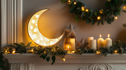 Wall Mural - A string of crescent moon and star lights draped across a mantelpiece, with glowing candles and a garland of greenery