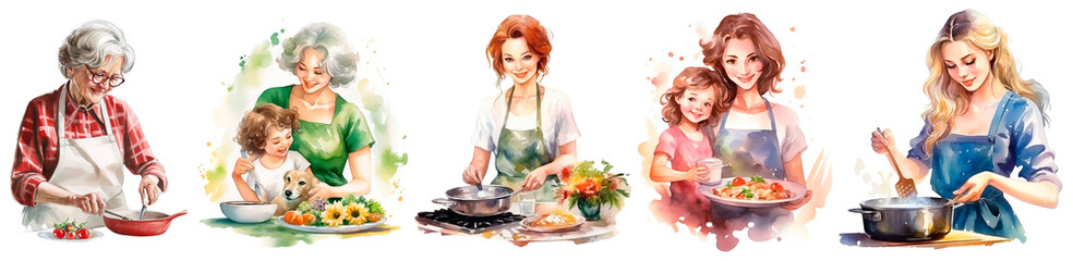 Watercolor family cooking scenes: grandmother with a pan, women cooking with children, plating vibrant dishes, stirring soup. Perfect for home decor, kitchen branding, cookbooks. 