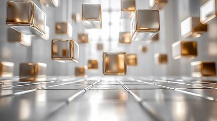 Aufkleber - Abstract gold and silver cubes floating over grid.