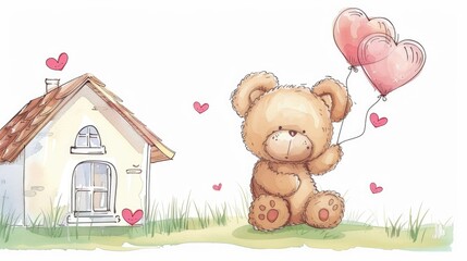 Wall Mural - Cute teddy bear holding heart-shaped balloons