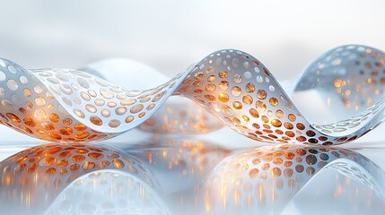 Poster - Abstract wavy ribbon with glowing holes, reflecting on surface.
