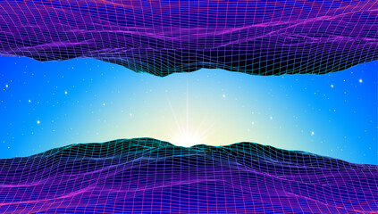 Aufkleber - Retro low poly grid landscape with polygonal mountain, palm trees silhouettes and sun, vector illustration. 80s style synthwave landscape with neon grid mountains, palm trees silhouettes and sun.