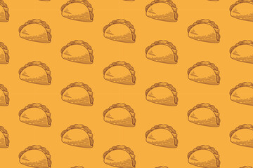 taco with tomato, lettuce, meat doodle seamless pattern on yellow background. taco mexican tasty food engraving pattern background. retro taco food background for restaurant decor and merchandise