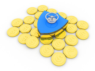 Poster - 3d rendering usd Dollar symbol with gold coin protected shield
