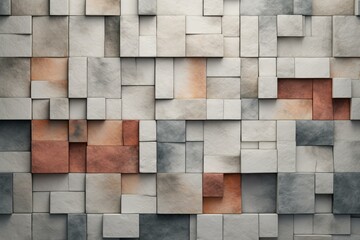 Leinwandbilder - Stone wall featuring a pattern of protruding blocks in shades of gray and orange, creating a visually textured surface